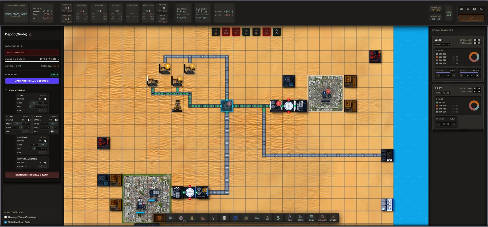 Karte in Crude Empire mit Bohrlöchern, Pipelines, Raffinerie und zwei Städten