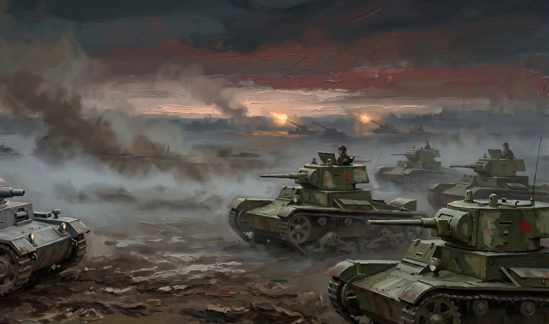 Painted battlefield with tanks advancing through smoke